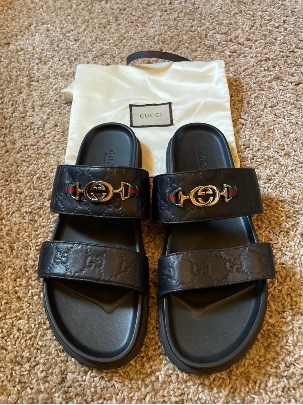 Gucci Black Leather Double-Strap Slides with Gold GG Horsebit